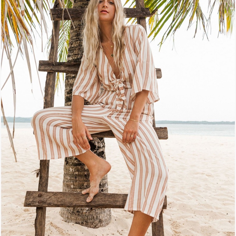 Billabong Beige and White Striped Jumpsuit